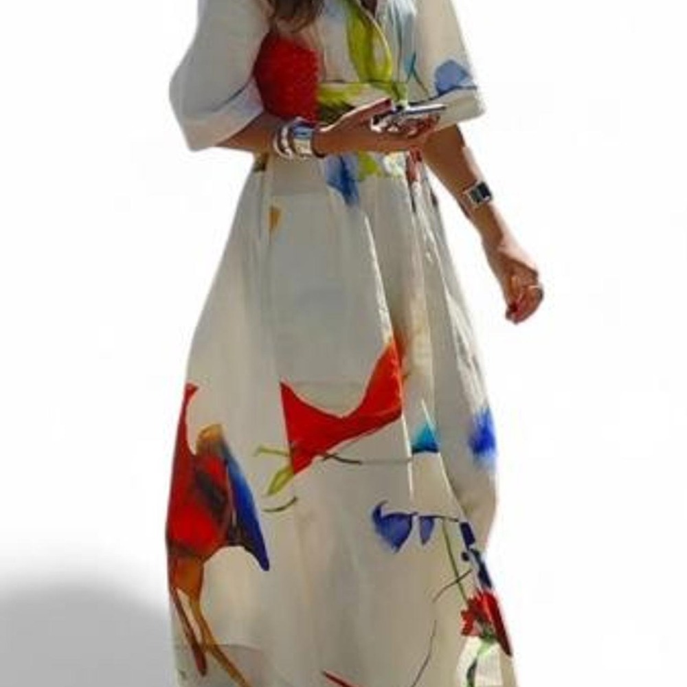 OSHOPLIVE Women's Half Sleeve Loose Asymmetric Printed Button Down  Maxi Dress